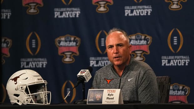 Texas Longhorns offensive coordinator Kyle Flood speaks to media at the Sheraton Hotel on Friday, Dec. 29, 2023 in New Orleans, Louisiana. The Texas Longhorns will face the Washington Huskies in the Sugar Bowl on January 1, 2024.